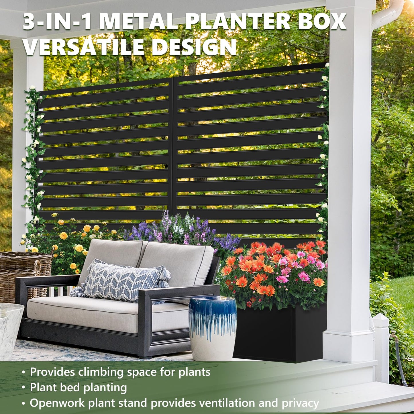 Metal Raised Garden Bed with Trellis, 2 in 1 Trellis with Planter Box & Privacy Screen for Climbing Plants, Vine, Outdoor Standing Flower Beds with Drainage Holes, 35" L x 16" W x 71" H, Black