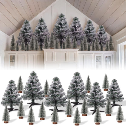 Sanwuta 21 Pcs Above The Cabinet Christmas Tree Decor 6 Flocked Snowy Trees 15 Mini Snowy Brush Trees Over The Cabinet Decorations Winter Xmas Tree for Mantel Bookshelf Table Indoor Kitchen Decor