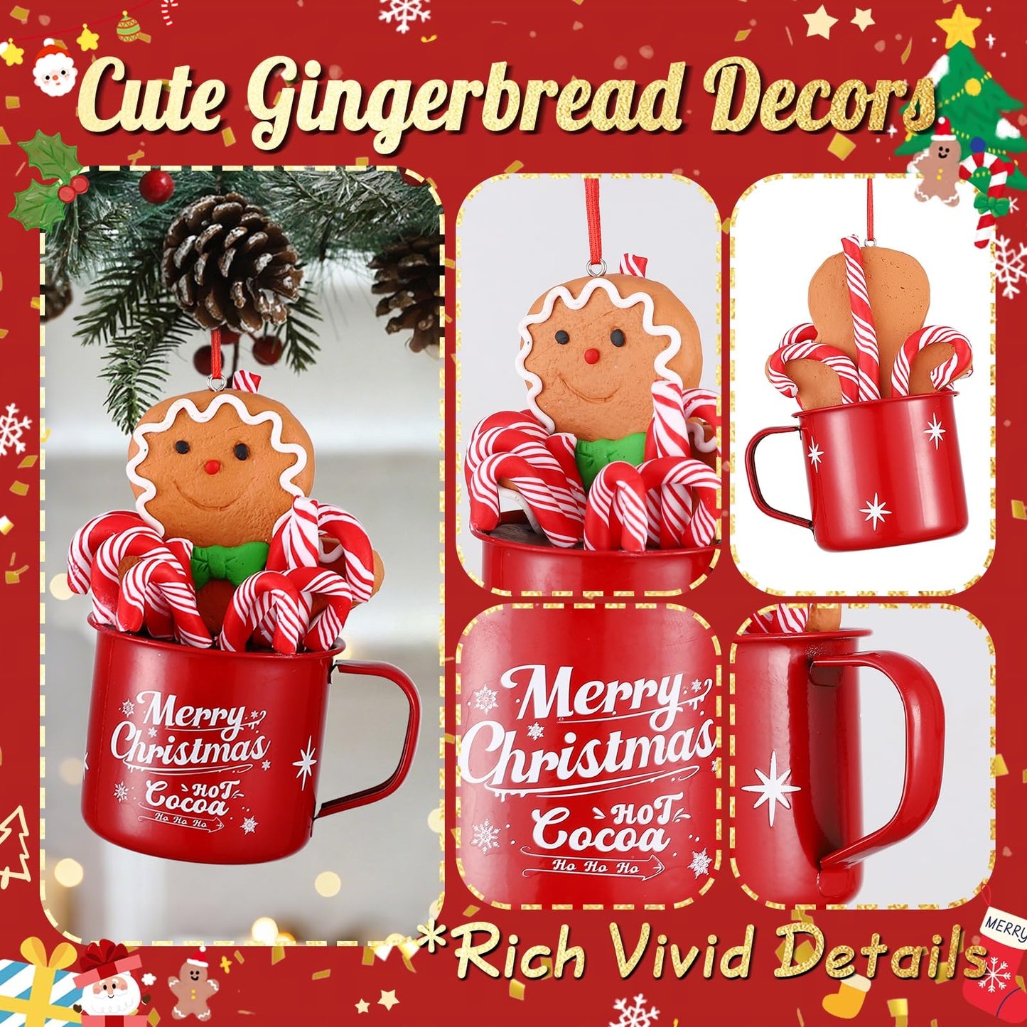 Cute Christmas Gingerbread Hanging Ornaments,2Pcs Mini Red Hot Cocoa Mugs with Handmade Clay Gingerbread Man Cookies,Chocolate,Marshmallows,Candy Canes for Winter Holiday Party Xmas Tree Decorations