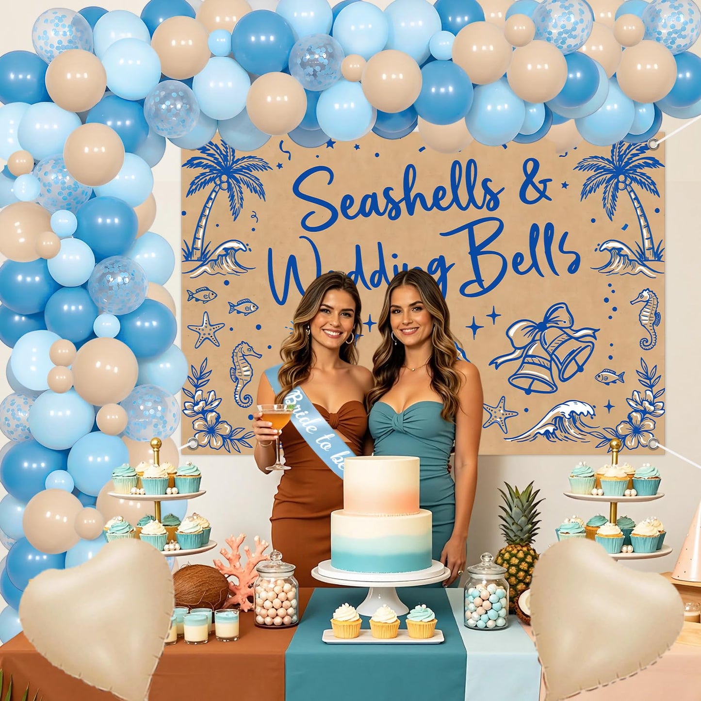 Fangleland Seashells and Wedding Bells Bachelorette Decorations, Coastal Beach Backdrop Balloon Arch Garland Kit Bride To Be Sash, Sea Shell Bridal Shower Engagement Party Supplies