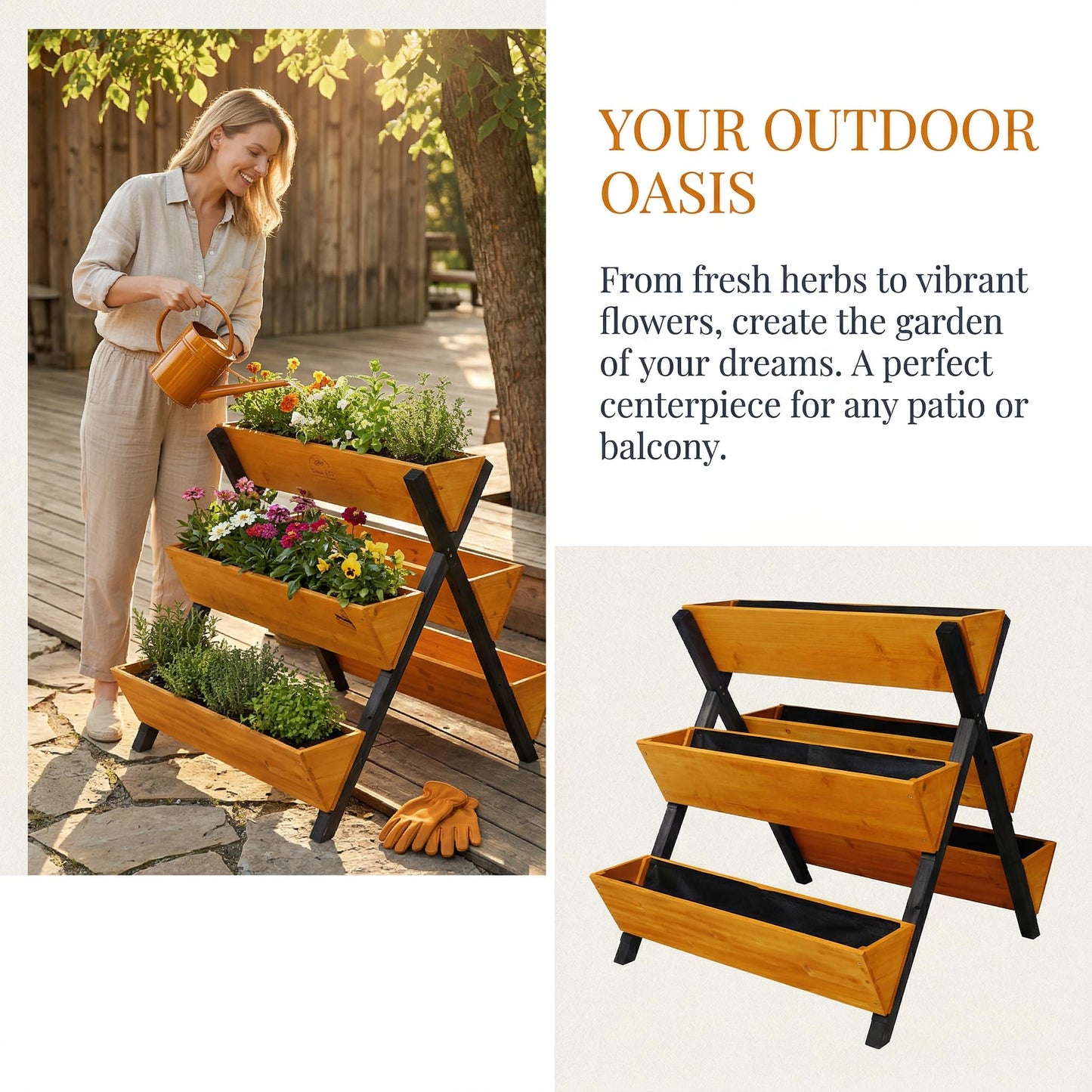 Raised Garden Bed, Premium 3-Tier Vertical Planter Tower, Stackable Wooden Tiered Planter Box with Legs, Elevated Garden Bed for Vegetables, Herbs, and Flowers, Space-Saving Outdoor Gardening Solution
