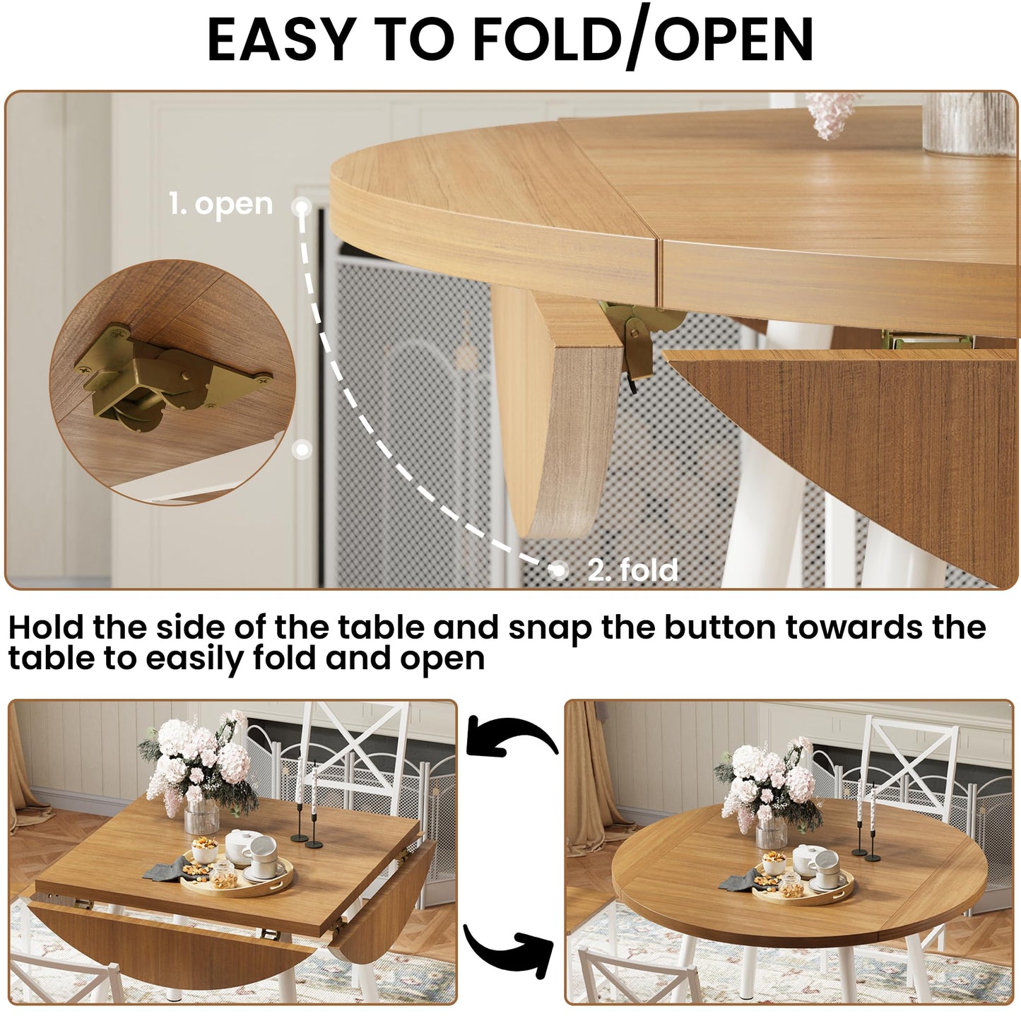 IRONCK Dining Table Set for 4, Round Kitchen Table and 4 Stool Chair for Dining Room, 44.5inch Drop Leaf Desk, Small Space Saving, Natural Wood