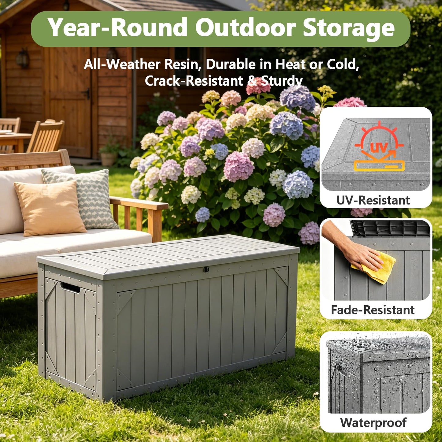 MAKE CHANGES Outdoor Storage Box, 95 Gallon Deck Box Outdoor Storage Bench, Outside Waterproof Resin Storage Bench, Lockable Patio Cushions, Garden Tools Storage for Furniture, UV Resistant (Gray)
