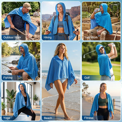 MBVOICO Cooling Hooded Beach Towel Cloak for Men Women - Double Layer PVA Fabric Cool Towel Cape, Instant Cooling Soft Ice Towelfor Beach Yoga Camping (Blue)