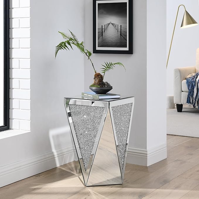Inverted Triangular Mirror Square End Table, Crystal Diamond Inlaid Coffee Table