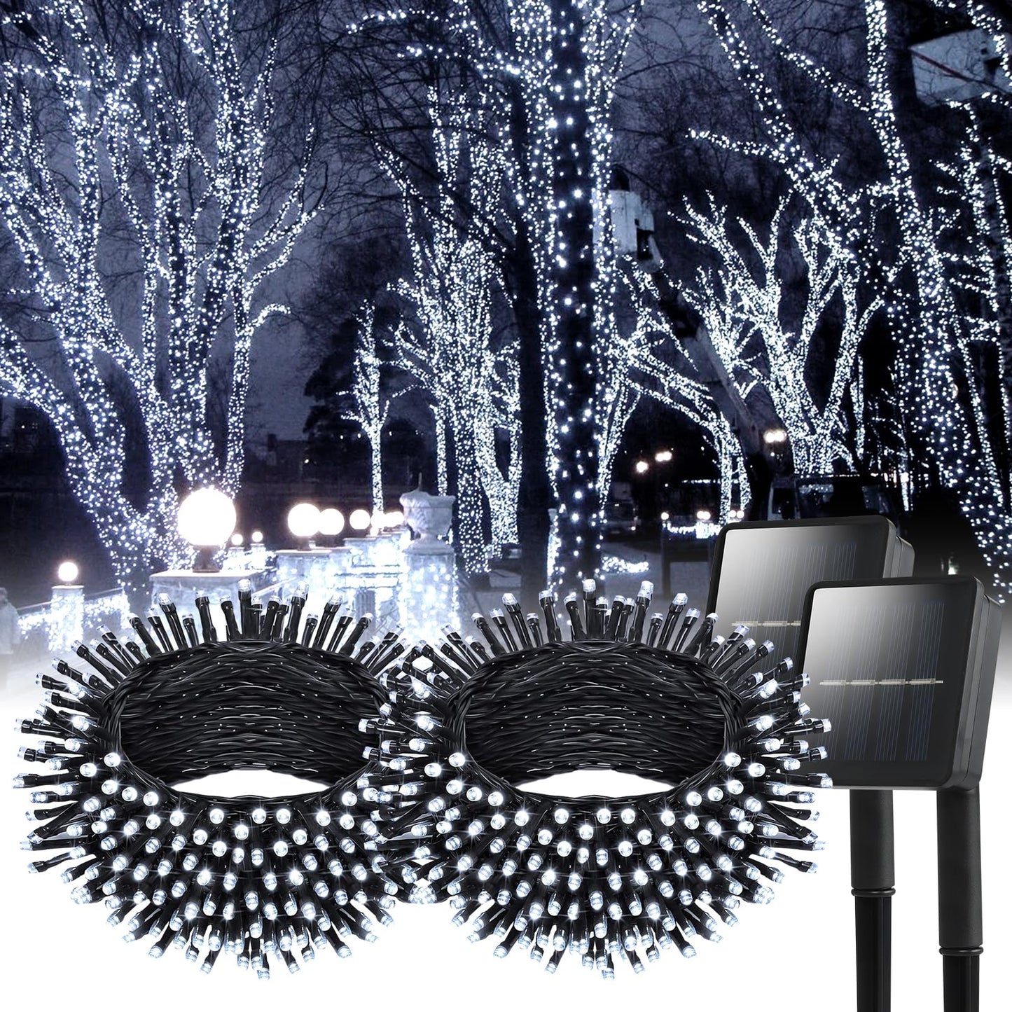 Dailyart Solar String Lights Outdoor, 2 Pack 200 Led Solar Fairy Lights for Outside Waterproof 145ft Cool White Solar Lights 8 Lighting Mode Solar String Lights for Outside,Garden,Courtyards,Trees