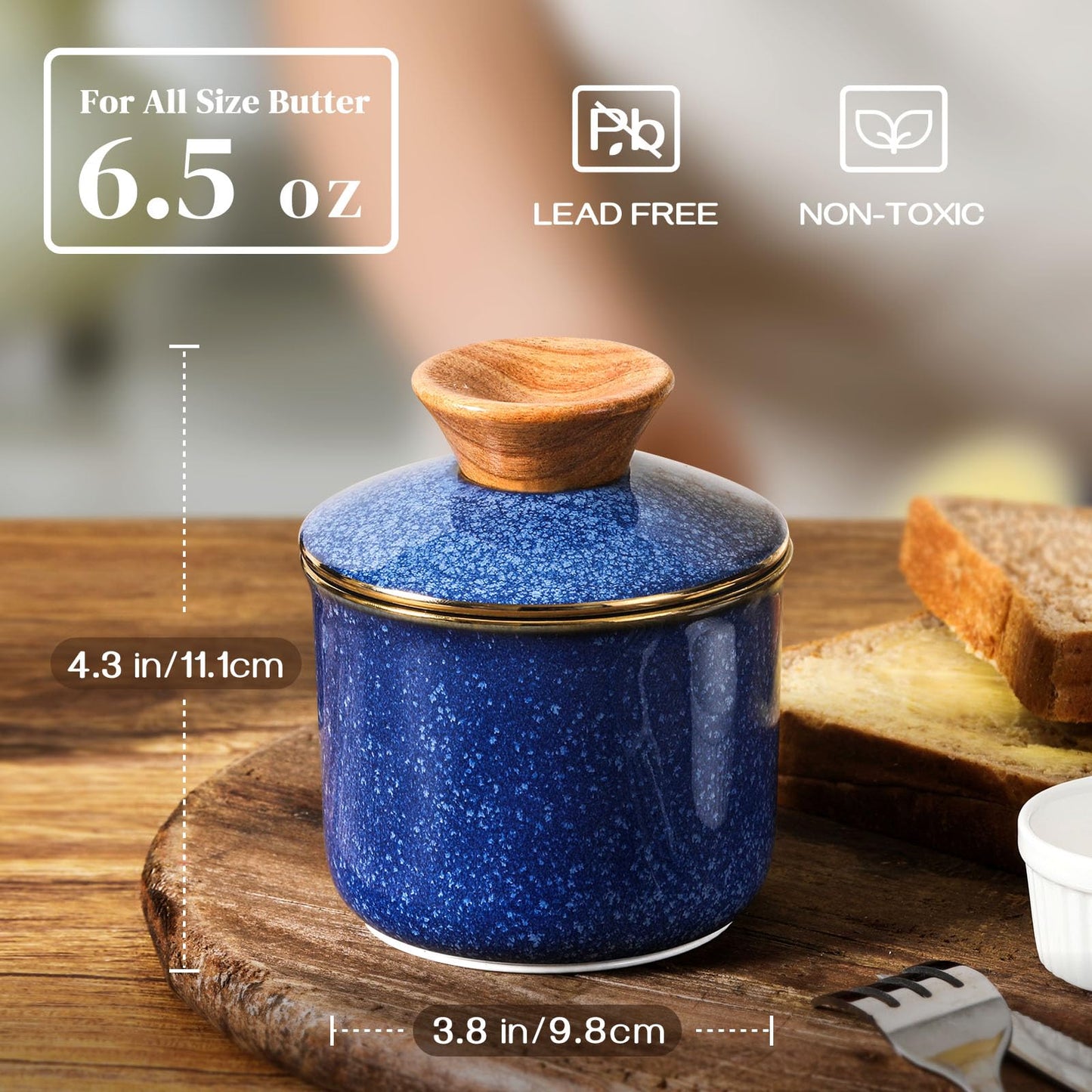 DOWAN French Butter Crock, Ceramic Dish With Lid for Countertop and Fridge, Keeper With Waterline, Flip-Top Container & Spreader, Reactive Glaze Holder, Blue