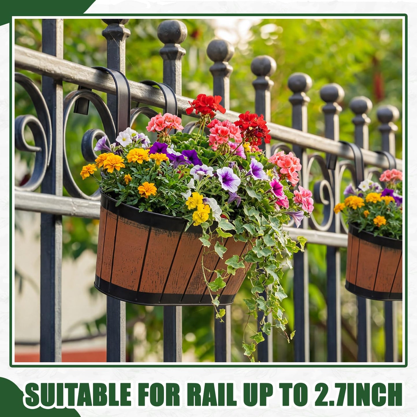 Ferrochef 5 Pcs Wine Barrel Metal Hanging Flower Pots 10.5" Fence Hanging Planters Outdoor Pot Wine Barrel Wall Planter with Detachable Hooks for Fence Garden Yard Home Decor
