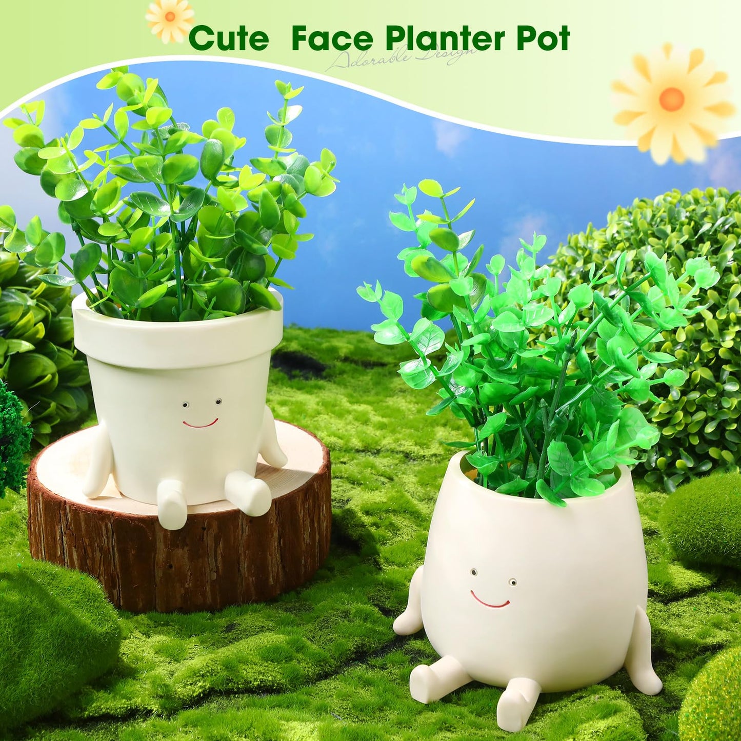 Nuogo 2 Pieces Cute Plant Pots Face Resin Succulent Flower Pot Indoor Head Planters Fun Novelty Planters with Drainage Legs Out for Christmas Plant Lover Gardening Gift Outdoor(Classic, Cup Style)
