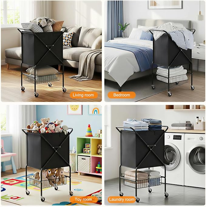 Laundry Basket with Wheels:88L Rolling Laundry Cart Foldable Metal Frame Dirty