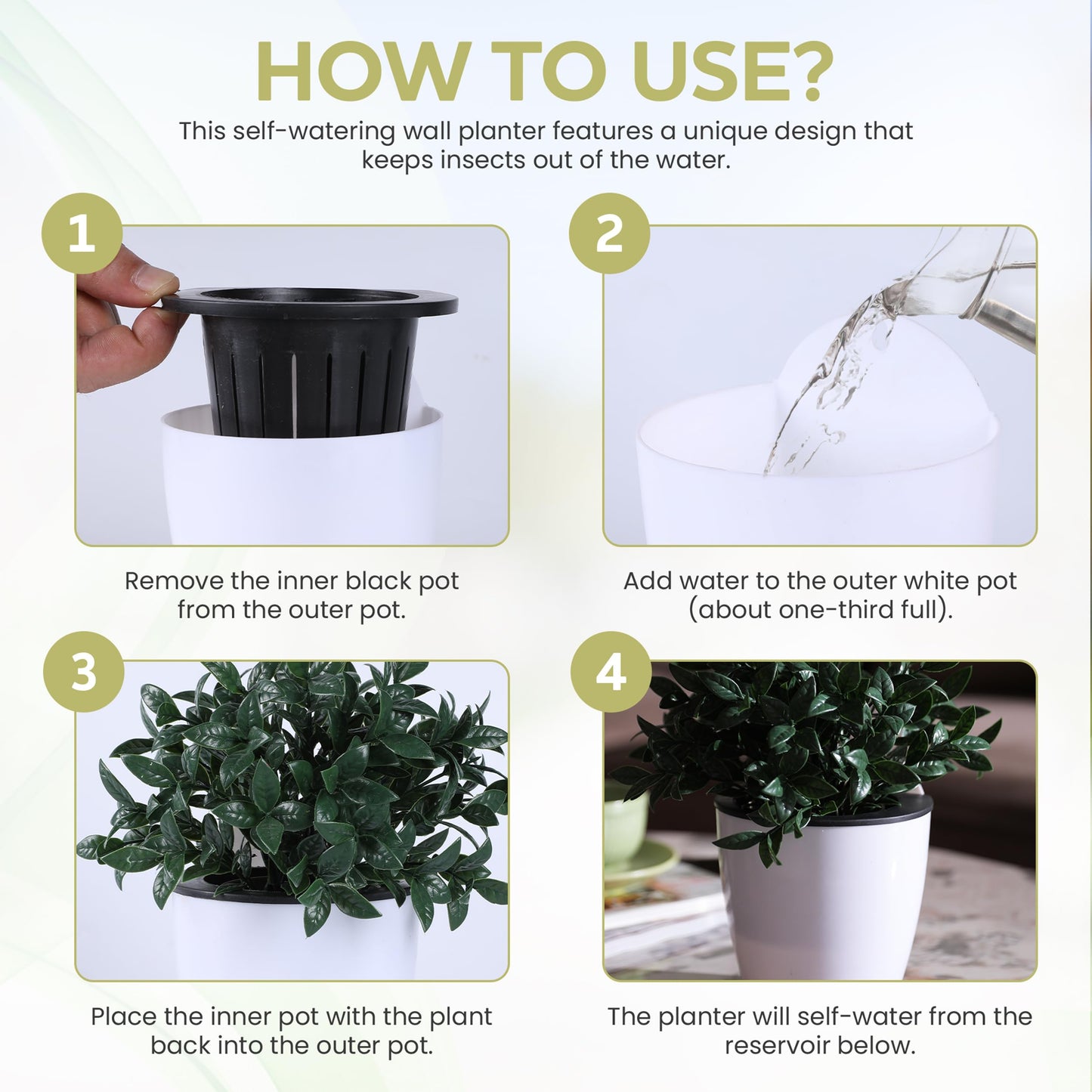 SOOSKSI Self Watering Wall Mounted Planters | Set of 3 White Indoor/Outdoor Hanging Planter with Double Layer Design & Flat Backed for Mounting | Effortless Plant Care & Stylish Wall Pots.