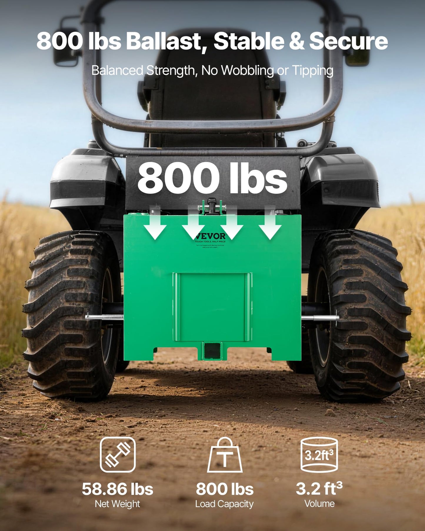 VEVOR Ballast Box, 3-Point Category 1 Tractor Ballast of 800 lbs Capacity, with Standard 2 Inch Hitch Receiver, Heavy-Duty Steel 3.2 ft³ Large Volume Durable Loader Attachment with Sliding Door, Green