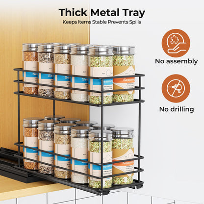 Pull Out Spice Rack Organizer for Cabinet, Slide Out Spice Racks, Easy to Install, 2.1''Wx10.35''Dx8.26''H, 3 Drawers 2 Tiers(Black)