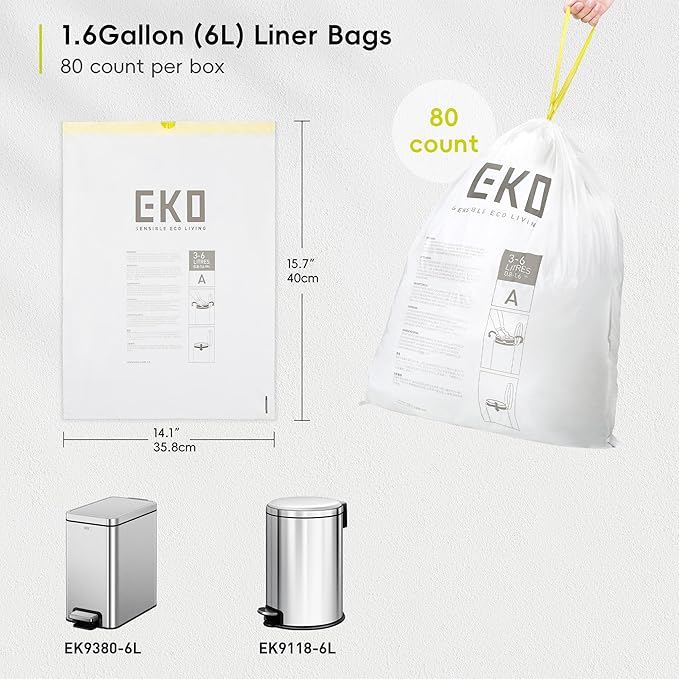 EKO 1.6 Gallon / 3-6 Liter, Extra-Strong Unscented Garbage Bags, Easy-Dispense