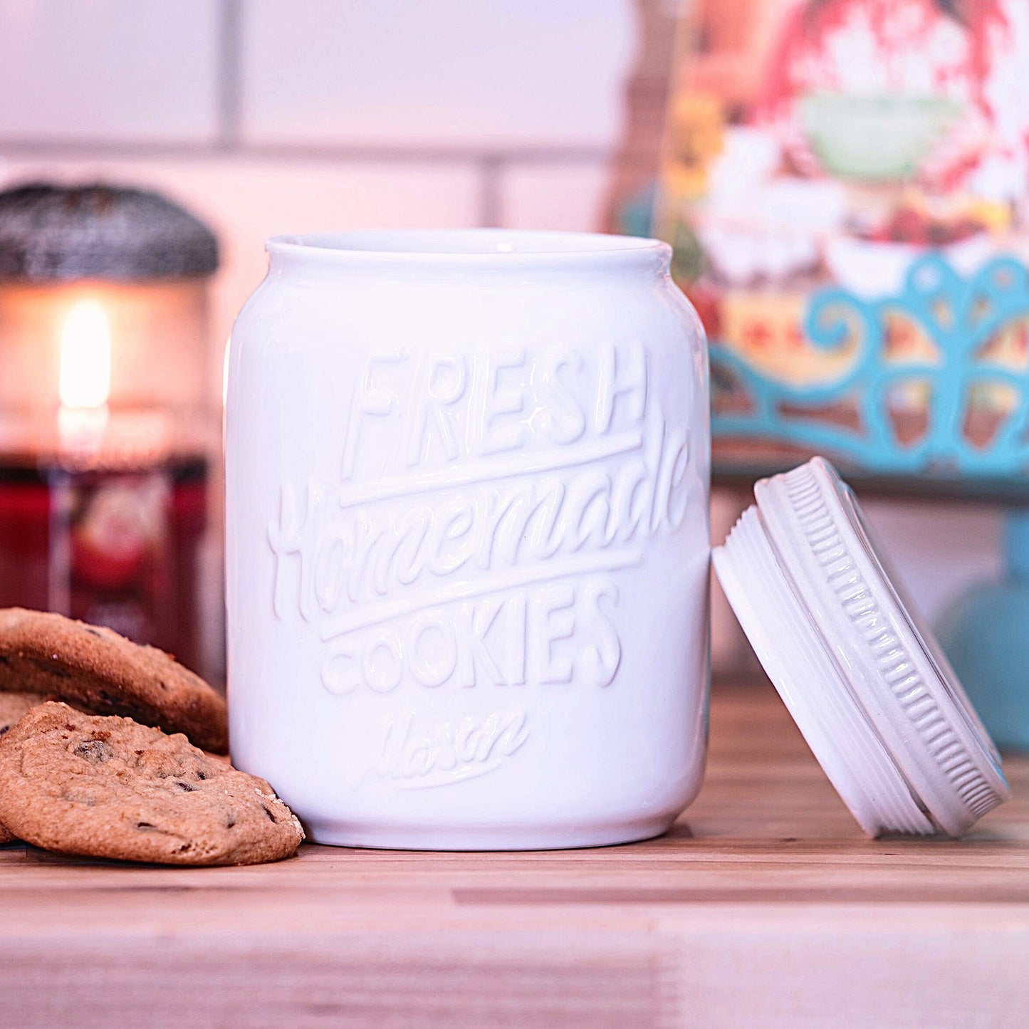 Farmhouse Canisters Sets for the Kitchen - Mason Jar Ceramic Kitchen Utensil Holder, Spoon Rest, Cute Cookie Jar, Salt & Pepper Shaker Sets, Sponge Holder, Measuring Cups & Spoons (White,17-Pc Bundle)