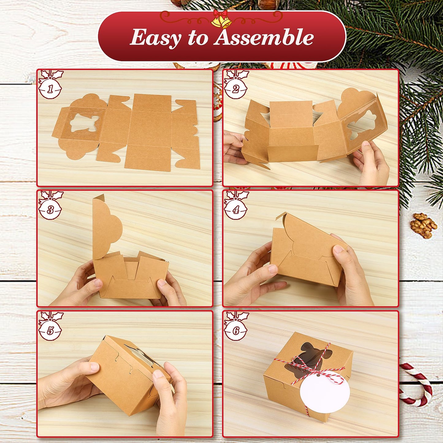 COTOPHER 18Pcs Christmas Cookie Boxes with Window, 4x4x2.5 inch Kraft Brown Bakery Boxes for Gift Giving, Mini Cake Boxes for Treat Donuts Chocolate Strawberries Pastries Muffins