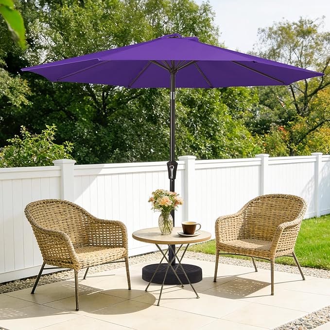 MEWAY 9ft Patio Umbrella Outdoor Table Umbrellas with Push Button Tilt and Crank, Market Umbrella 8 Sturdy Ribs for Deck, Garden, Pool and Backyard, Dark Purple