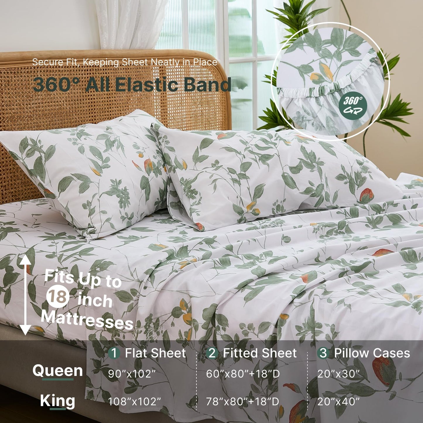 Cozaline 100% Cotton Sheets Set King Size – 4 Pieces Luxury Breathable Percale Cotton Bedding with Deep Pockets, Crisp Cool Feeling, Soft&Durable, Refined Botanical Elegance, Green Floral Bed Sheets