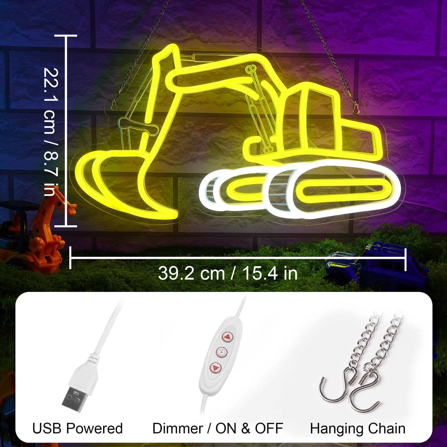 Excavator Neon Signs for Wall Decor, Digger Neon Lights for Bedroom, Neon Wall Light Suitable for Living Office Game Room Christmas Excavator Toy Gift - 5V USB Power with Hanging Chain Hooks