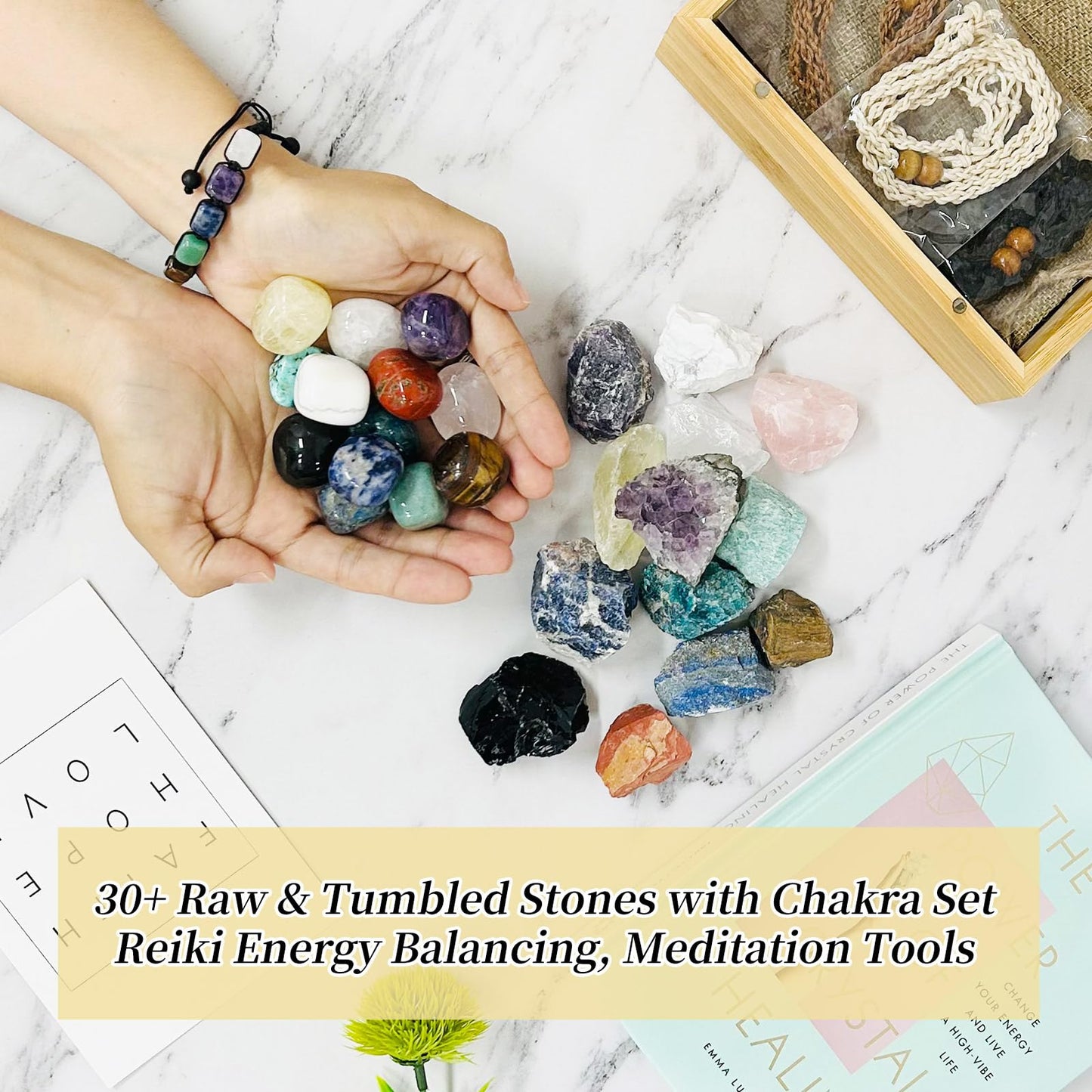 Healing Crystals Kit for Women: 30+ Raw & Tumbled Stones with Chakra Set, Reiki Energy Balancing, Meditation Tools, Bamboo Box & Spiritual Guide (Natural Gems for Women)