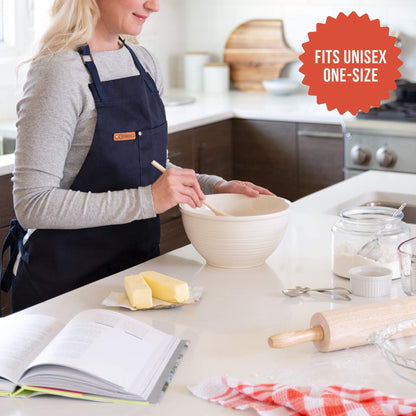 Chef Pomodoro Chef Apron for Men and Women, Kitchen Apron for Women with Pockets & Adjustable Neck Straps - Navy Blue Chef Aprons, Aprons for Cooking, 100% Cotton Cooking Aprons, Machine Washable