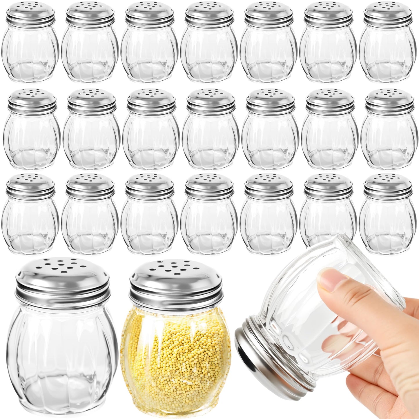 24 Pack 6 Ounces Glass Spices Shaker with Perforated Stainless Steel Lid Clear Cheese Salt and Pepper Shakers for Home Kitchen Restaurant Supplies