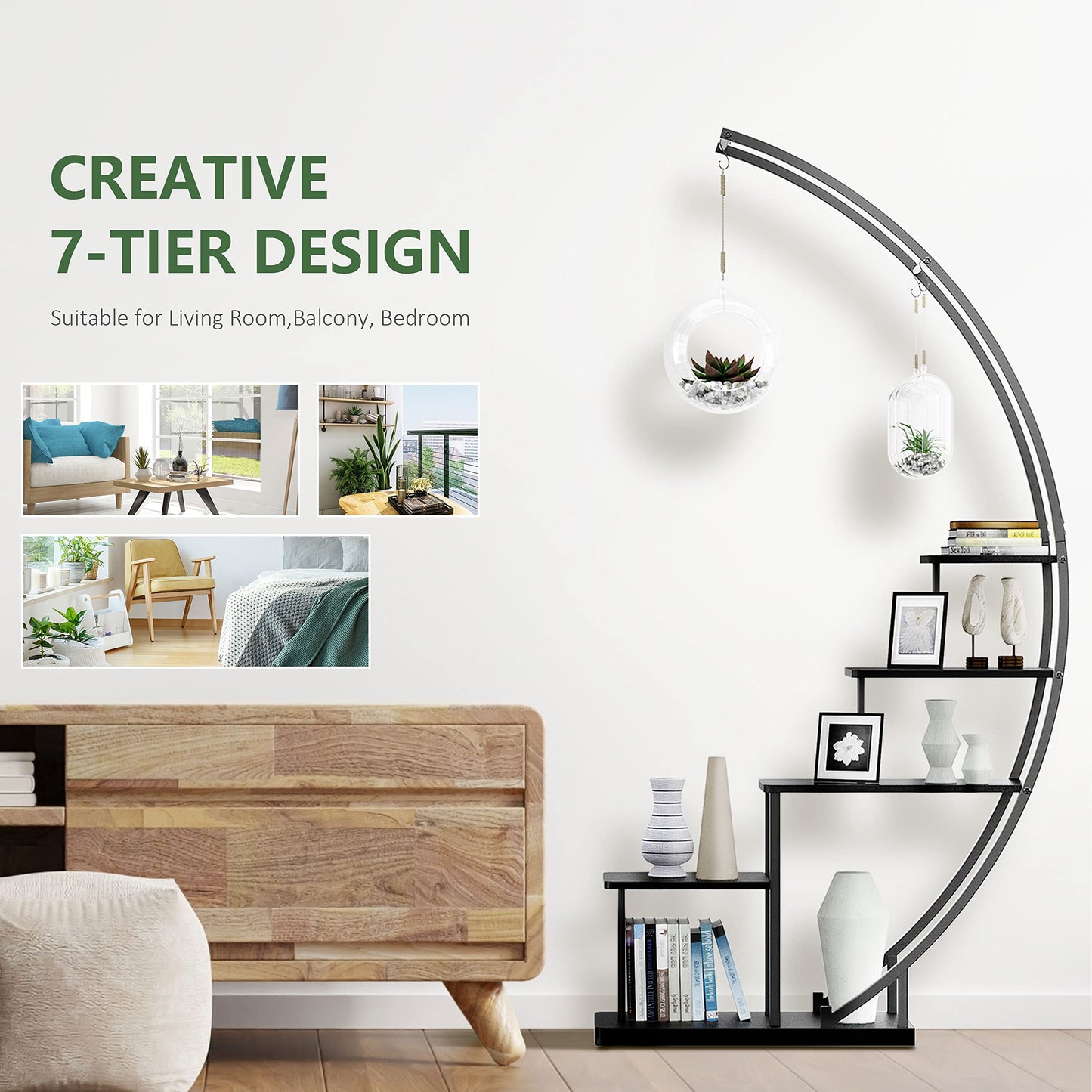5 Tier Metal Plant Stand Indoor, 67.25“ Tall Half Moon Shape Multiple Stand Holder Shelf Planter Display, Hanging Shelf Flower Stand Ladder for Patio Garden Living Room, Black Set of 2