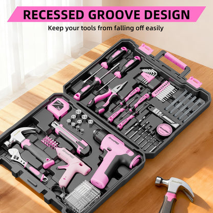 GRENPRO Pink Tool Set Drill Set, 188PCS Tool Kit For Home with Pink Cordless Drill Power, Hand Tool Kit for Women, Basic Household Auto Car Repair Tool Box for Men, Portable Storage Box Tools Sets