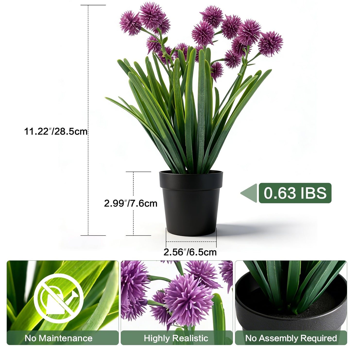 MONOID Small Artificial Allium Plants Fake Purple Pompom Flowers Potted Faux Onion Grass in Black Pots for Shelf Desk Home Office Bathroom Farmhouse Table Decor (Lavender Purple)