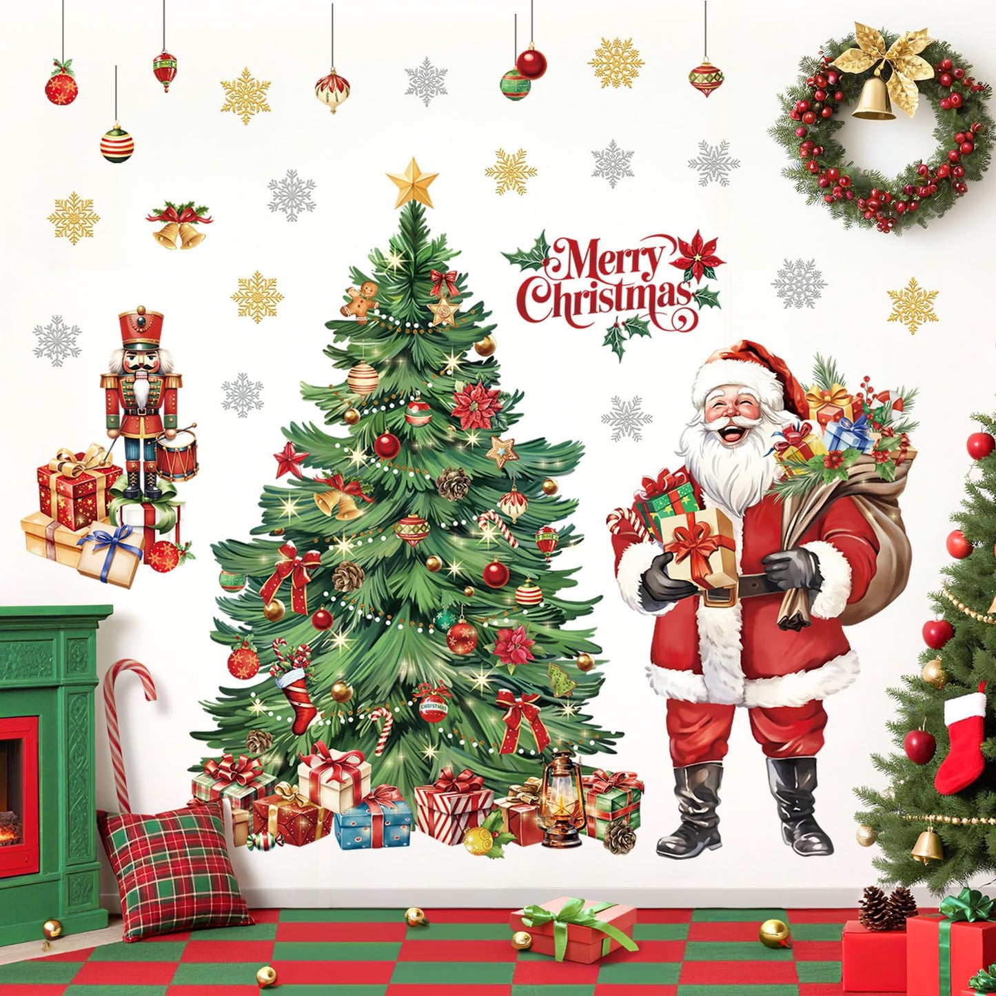 decalmile Extra Large Christmas Tree Window Wall Decals Santa Claus Wall Stickers Xmas Tree Snowflakes Window Clings Christmas Party Door Home Wall Decorations(XXL)