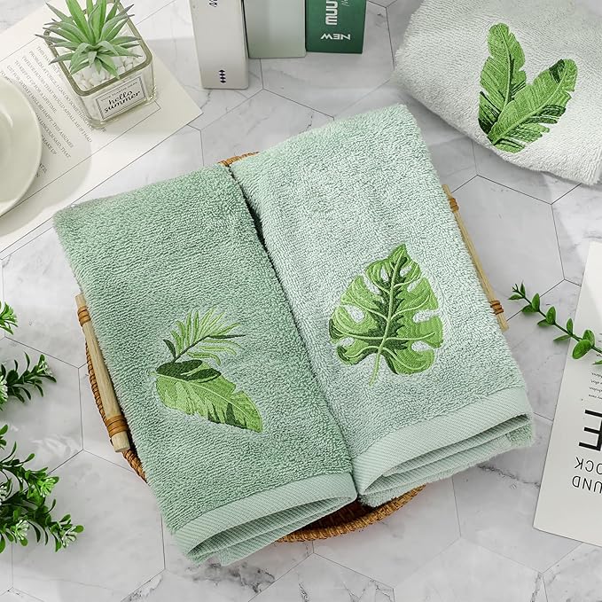 3Pcs Sage Green Gradient Hand Towels Tropical Palm Leaves Embroidered Cotton