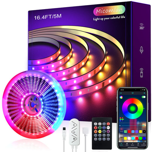 Micomlan 16ft/5M Led Strip Lights, Controller and Bluetooth APP Controlled Rope Lighting for Bedroom Home Decoration, Music Sync Color Changing RGB LED Lights with Remote Indoor