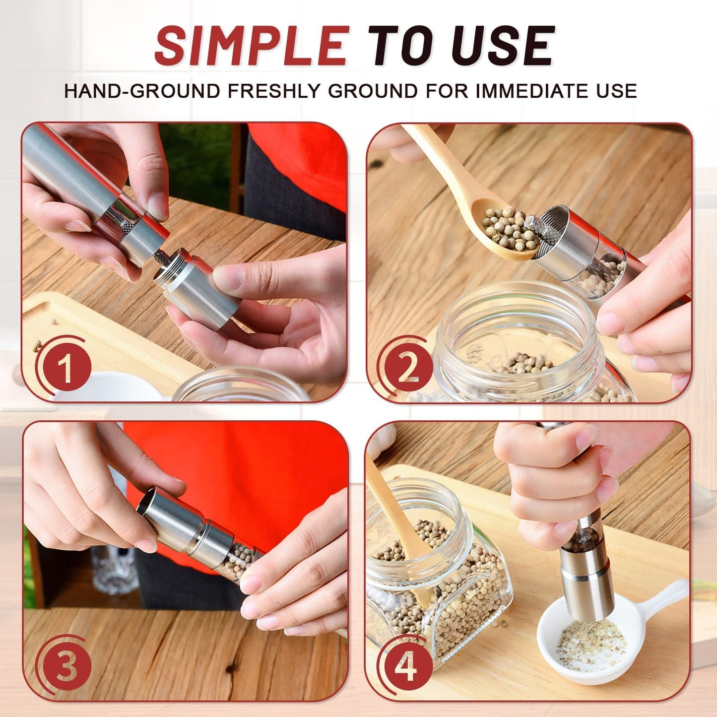 NEETUE 3PCS Stainless Steel Mini Pepper Grinder, Refillable Salt and Pepper Grinder Set with Push Button, Manual Peppercorn Grinding Tools for Sea Salt and Spice