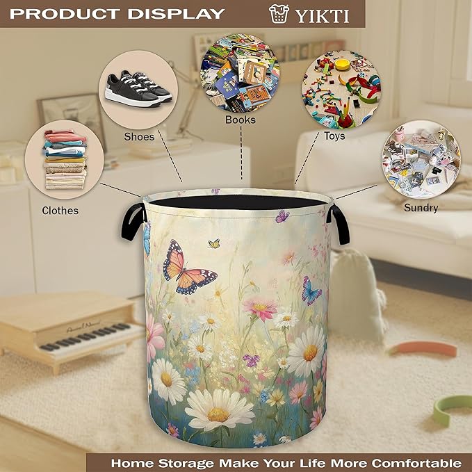 Spring Flowers Laundry Hamper, Watercolor Garden Wildflower Butterfly