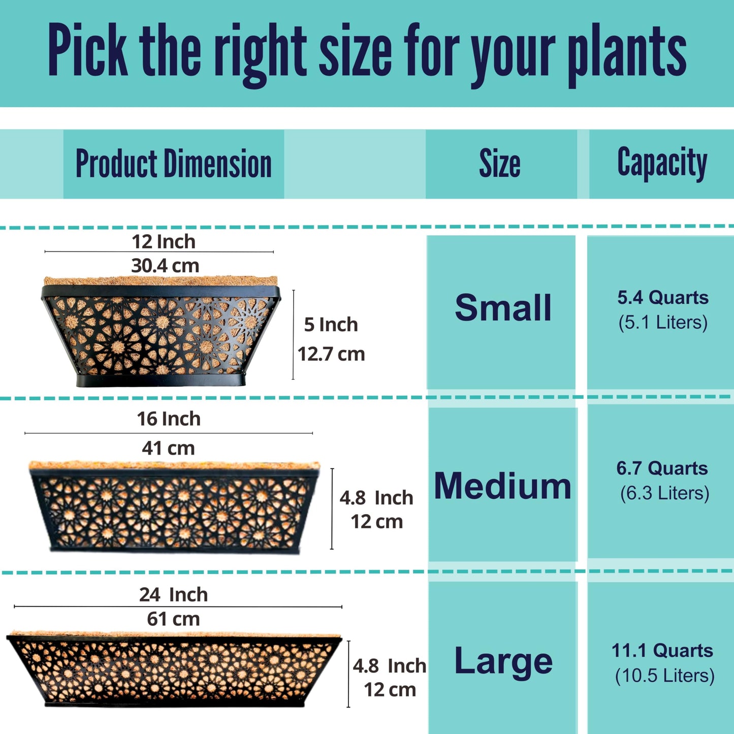 LaLaGreen Window Boxes Planters for Outdoor Plants (12 Inch, 4 Pack) Small and Cute Black Metal Fence Hanging Flower Box Basket with Coco Liner Unique Horse Troughs Balcony Garden Pot Patio Porch Rail