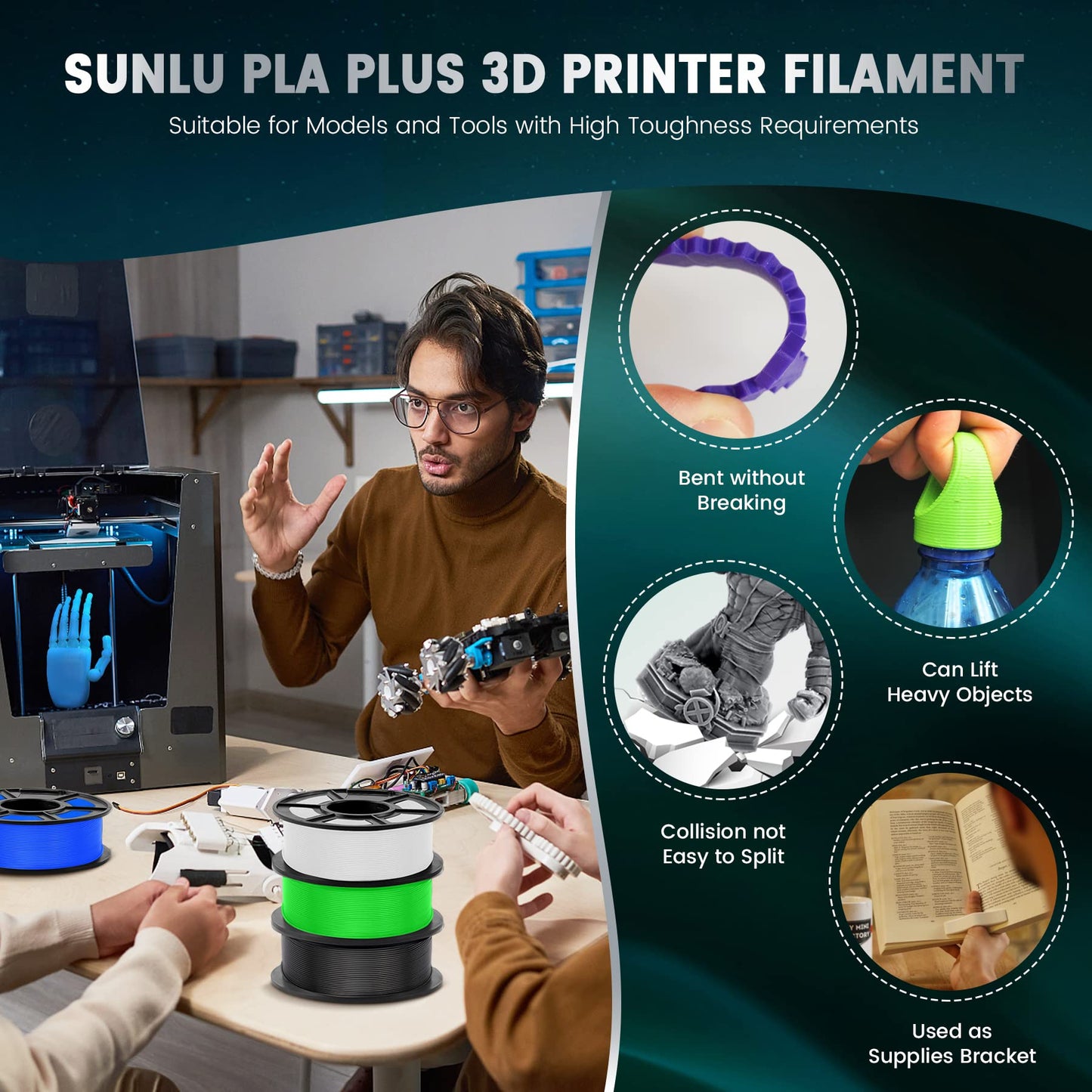 SUNLU PLA Plus 3D Printer Filament, PLA+ Filament 1.75mm, Improved Strength, Compatible with FDM 3D Printer, Dimensional Accuracy +/- 0.03mm, 1kg Spool (2.2LBS), White