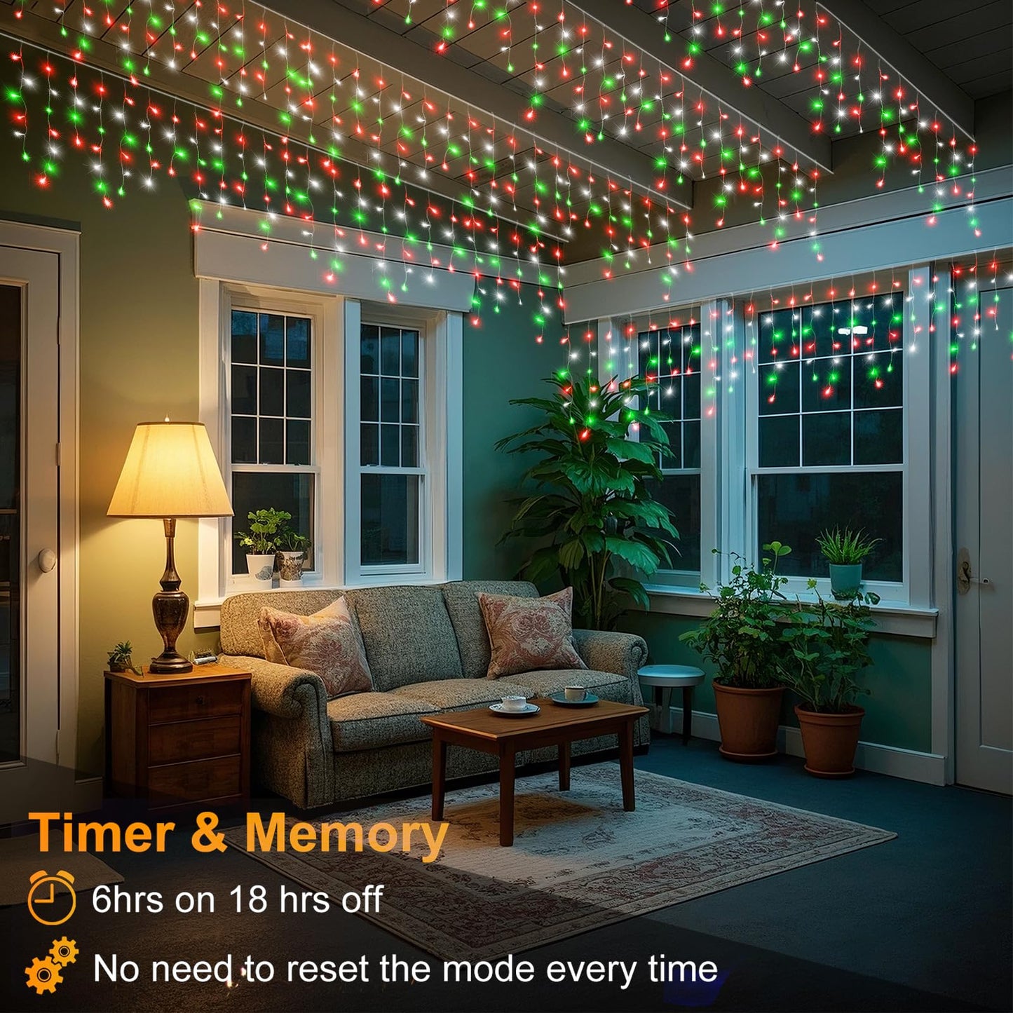 66ft Icicle Lights for Outside, Red White and Green Christmas Lights Outdoor Indoor, 640 LED Twinkle String Light with 120 Drops, Clear Wire Connectable Timer for Thanksgiving Room Home Wall Bedroom