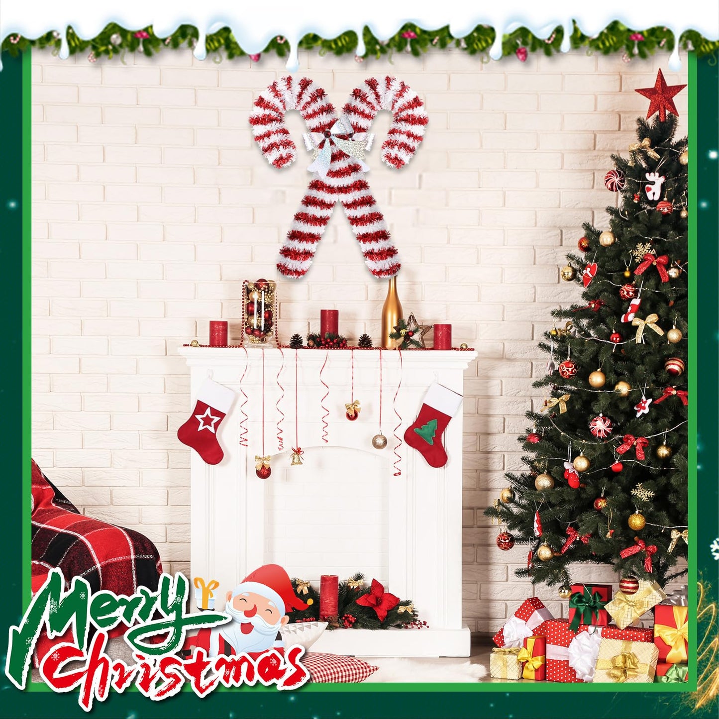 Suncalla 2 Pcs 15 Inch Christmas Candy Canes Decorations Large Christmas Tinsel Garlands Hanging Ornament Shiny Red and White Candy Decoration for Xmas Tree Door Garden Holiday New Year Party Decor