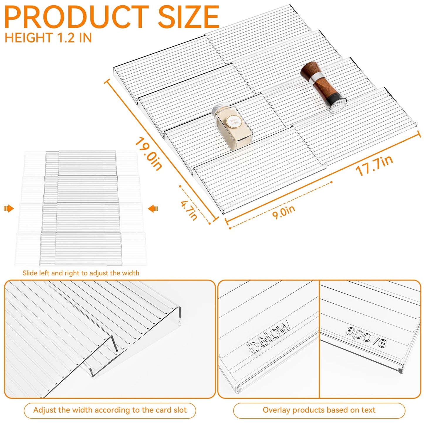 Yieach 8 Pack Adjustable Narrow Spice Rack for Drawer - Expandable From 9" to 17.7" - Acrylic Drawer Seasoning Organizer,Tiered Clear Spice Tray for Spices,Condiment,Nail Polish and Jar Organization