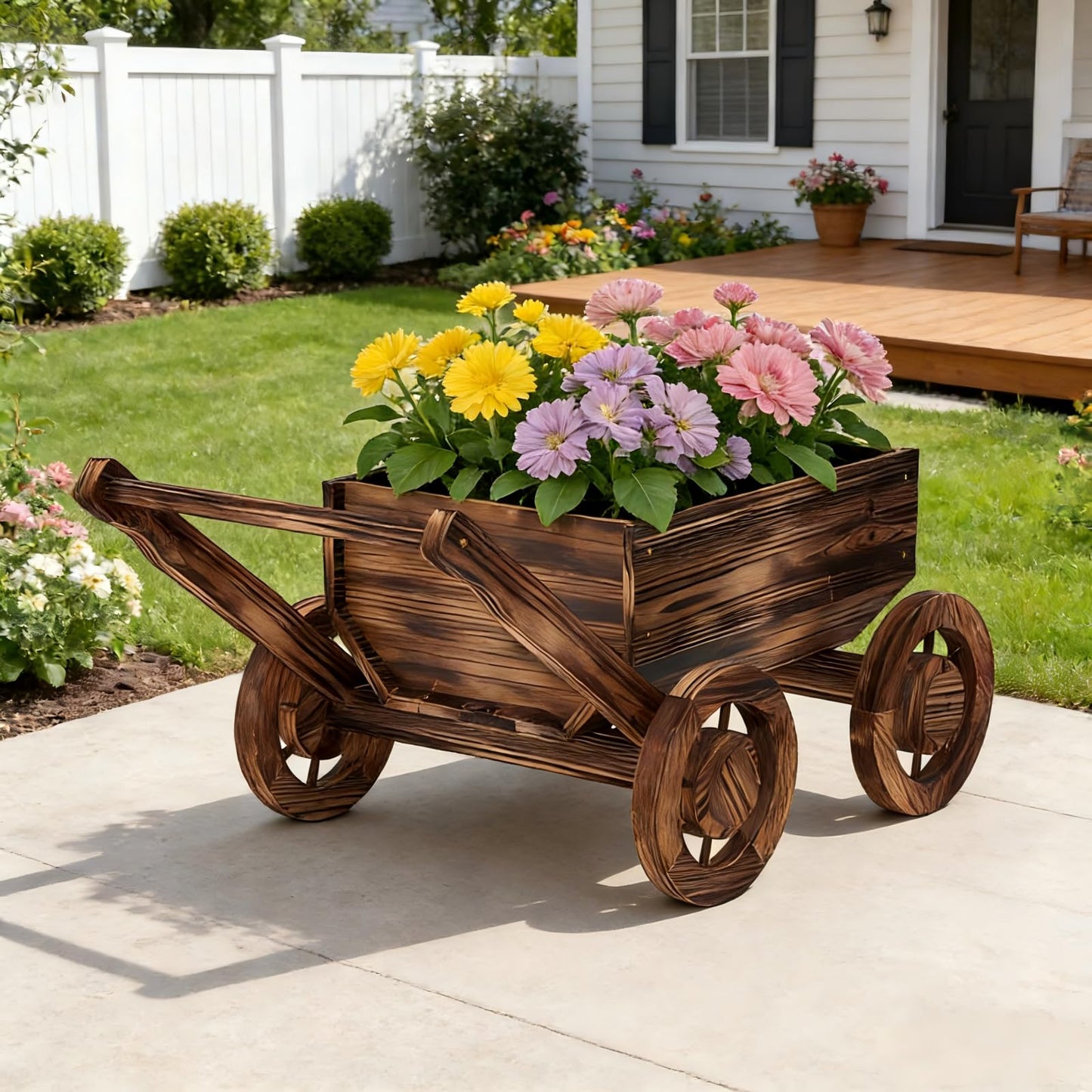 Wooden Flower Cart with Wheels Wooden Wagon Planter Outdoor Garden Planter Decor Planter Kit for Patio Balcony Trolley Decoration Succulent Flower Pot, Indoor Backyard Balcon Decor（Small）