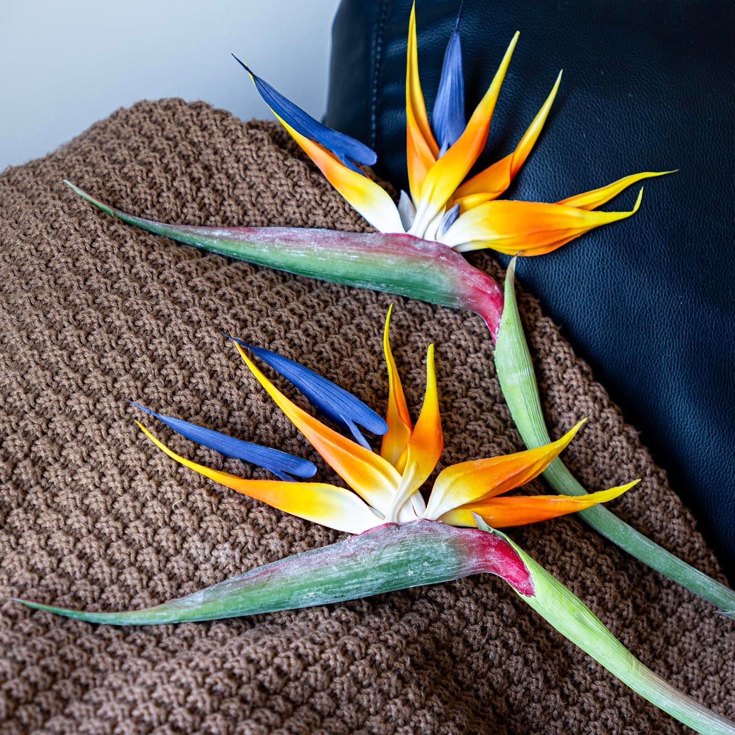 DUYONE Artificial Flowers Bird of Paradise 37'' Large Latex Fake Greenery Plants Long Stem Red Plants 2Pcs for Home,Living Room,Bedroom,Dining Table(Orange 2pcs)