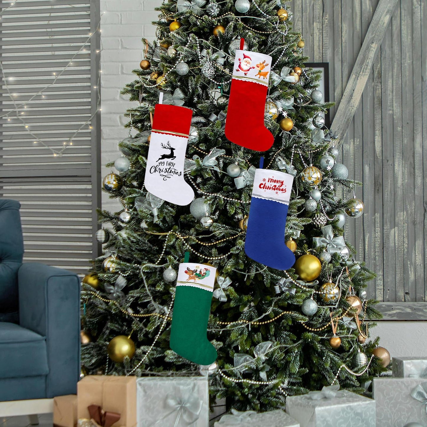 Subyan 12 Pack Felt Christmas Stockings, 19 Inches Red and Green Christmas Stocking Hanging Ornaments with Gold Trim for Family Christmas Holiday Decorations DIY Craft Large Xmas Stocking