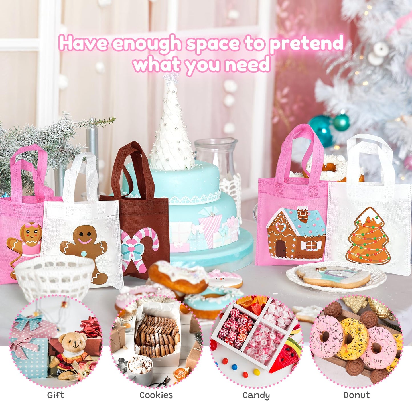 K KUMEED 20Pcs Christmas Party Favor Bags,Gingerbread Man Theme Party Gifts Bags Reusable Pink Candy House Birthday Party Bags with Handles for Girls Christmas Party Supplies Baby Shower