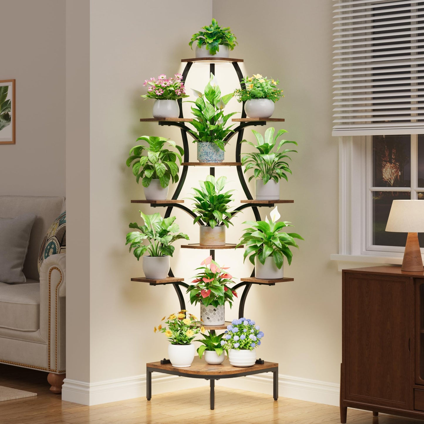 LATIBELL 72'' Tall Corner Plant Stand Indoor with Grow Light - 8 Tiered Metal Plant Shelf for Indoor Plants, Curved Display Rack Capable of Holding Large Pots in Living Room, Patio & Balcony, Black
