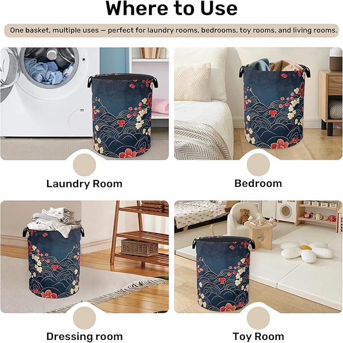 Japanese Cherry Blossom Laundry Basket, Space Saving Foldable Design