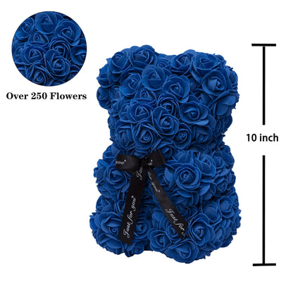 DuHouse Rose Bear Rose Teddy Bear Flower Gift Black Box for Valentines Gifts Anniversary Christmas,Birthdays Bridal Showers -Fully Handmade 10 inch Flower Bear Clear Gift Box (Royal Blue)