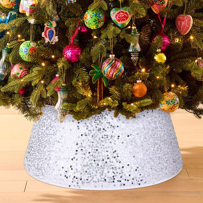 Christmas Tree Collar Burgundy Round Tree Skirt Tree Ring Sparkle Sequin for Christmas Holiday Thanksgiving Home Decor Red Gold