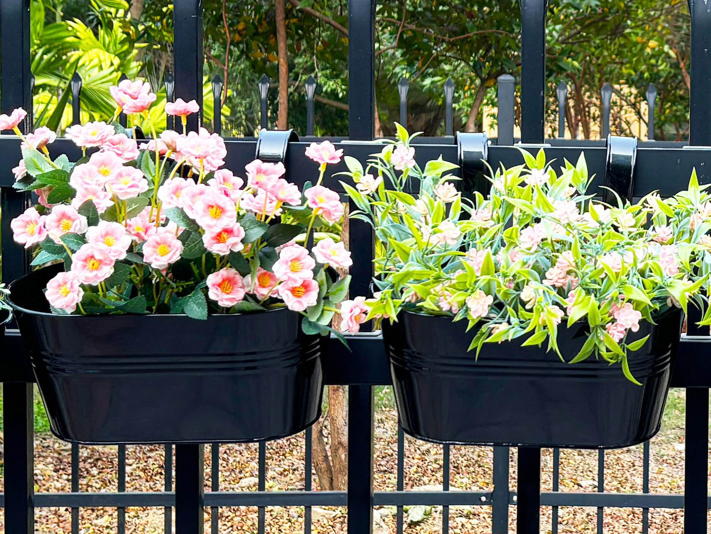 Joyfernal 12" Balcony Railing Planters, Outdoor Hanging Planter for Fence, Stylish Metal Porch Deck Flower Pot for Herbs & Succulents (Black, Pack of 6)