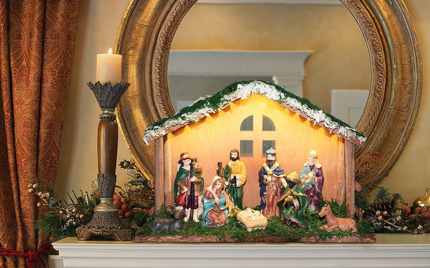 PALZIK Lighted Christmas Nativity Set, Nativity Sets for Indoor with Wooden Stable, Nativity Scene Set & Figures for Christmas Decorations Indoor Tabletop Decorations
