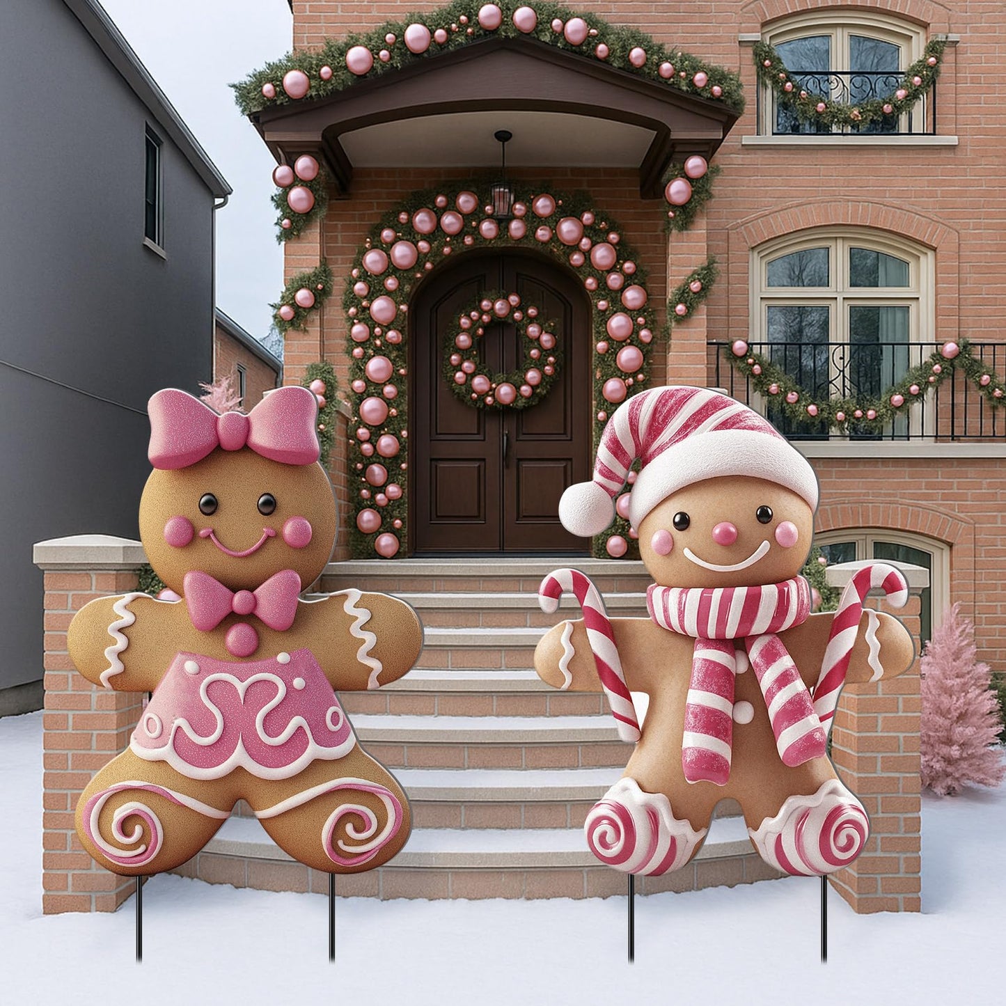 Memorywuu 2 Pack Christmas in July Yard Stakes Metal Stakes 3D Boy and Girl Yard Sign Christmas Outdoor Decorations for Outside Holiday Xmas Winter Ornament Lawn(Pink Gingerbread Man Couple)
